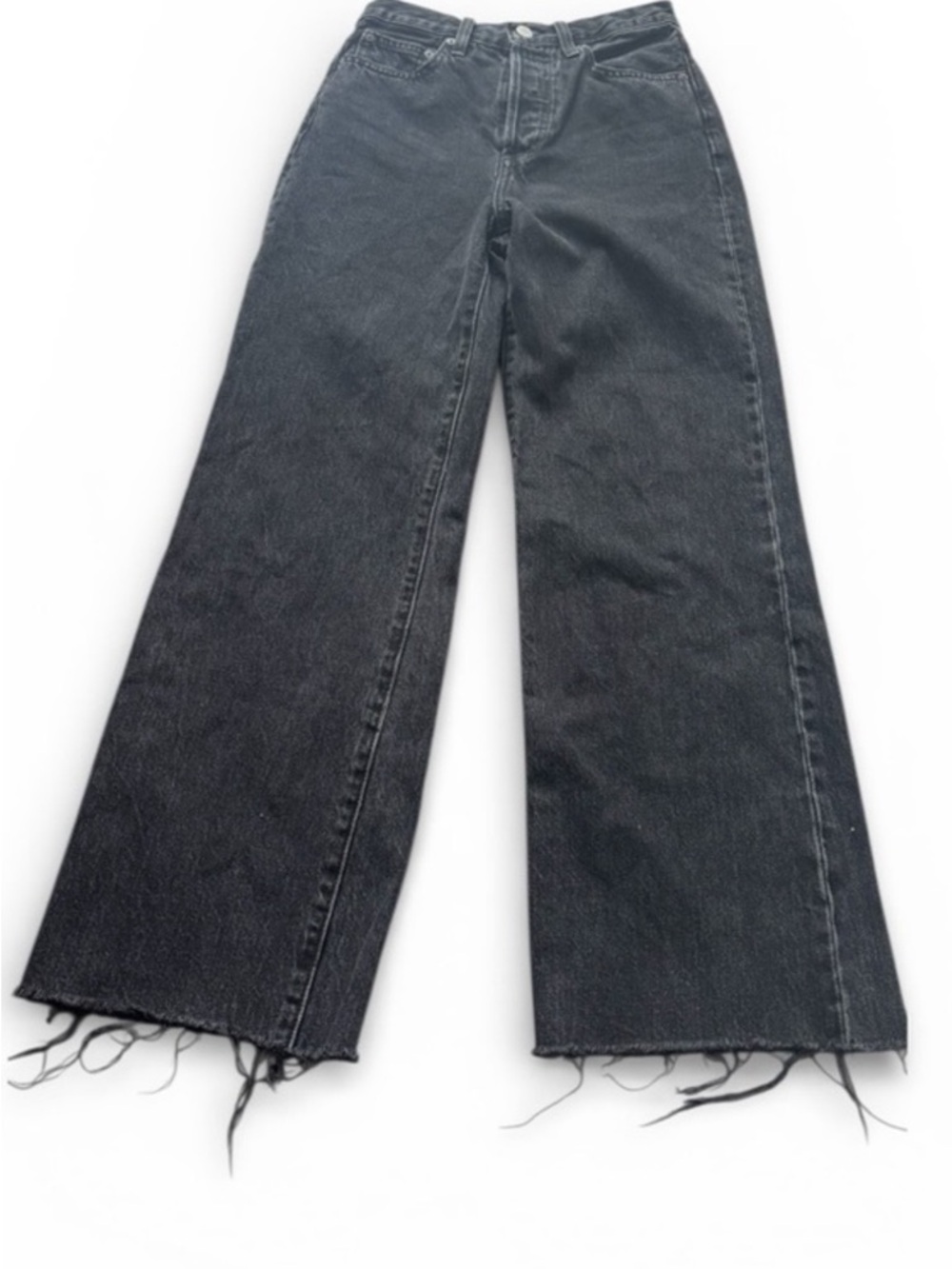 Denim Forum The Farrah High Rise Wide Leg Jeans Black Size 24 Raw Hem
